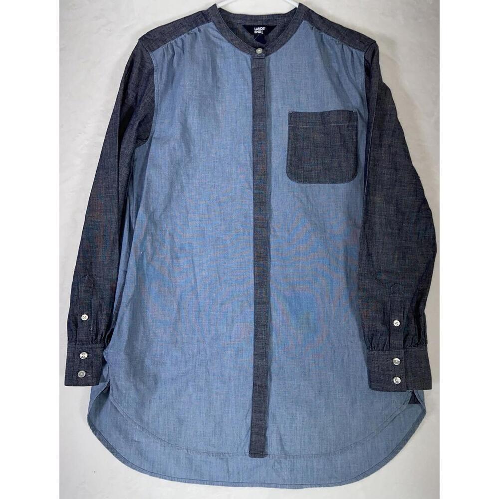 Lands End 100% Linen Tunic Top Shirt Button Up Size M Chambray Blue Classic Look